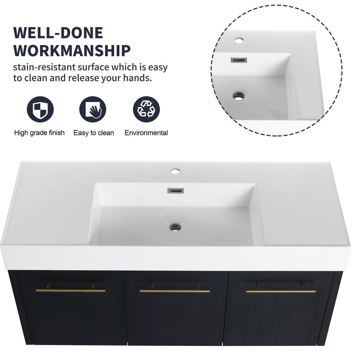 48 Inch Wall-Mounted Bathroom Vanity with Sink, Thick Edged Resin Basin, KD-Package