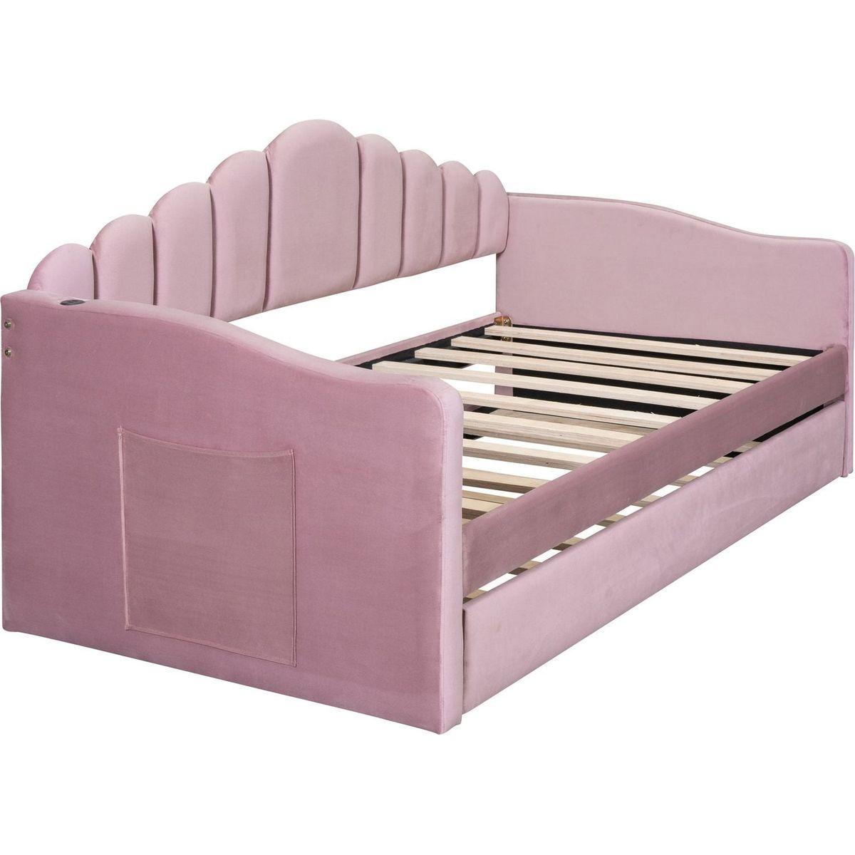 Twin size Upholstered Daybed with Trundle, Velvet Sofabed with USB Charging Ports,No Box-spring Needed,Pink