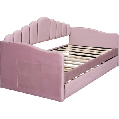 Twin size Upholstered Daybed with Trundle, Velvet Sofabed with USB Charging Ports,No Box-spring Needed,Pink