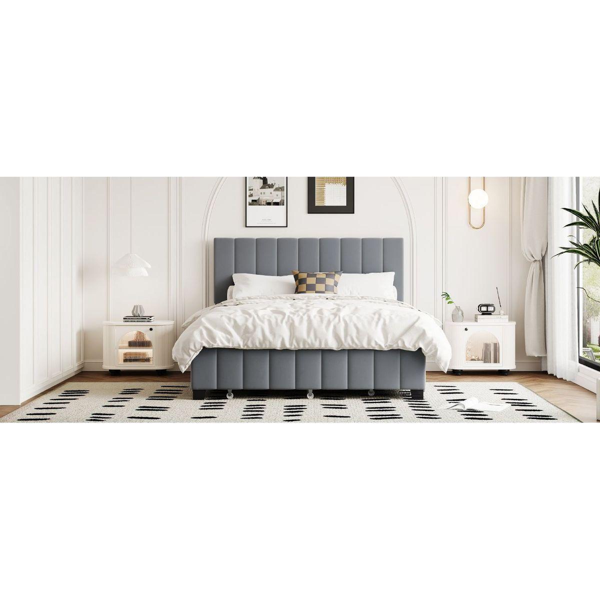 Queen Size Velvet Upholstered Platform Bed with 2 Drawers and 1 Twin XL Trundle- Gray - Streamdale Furniture
