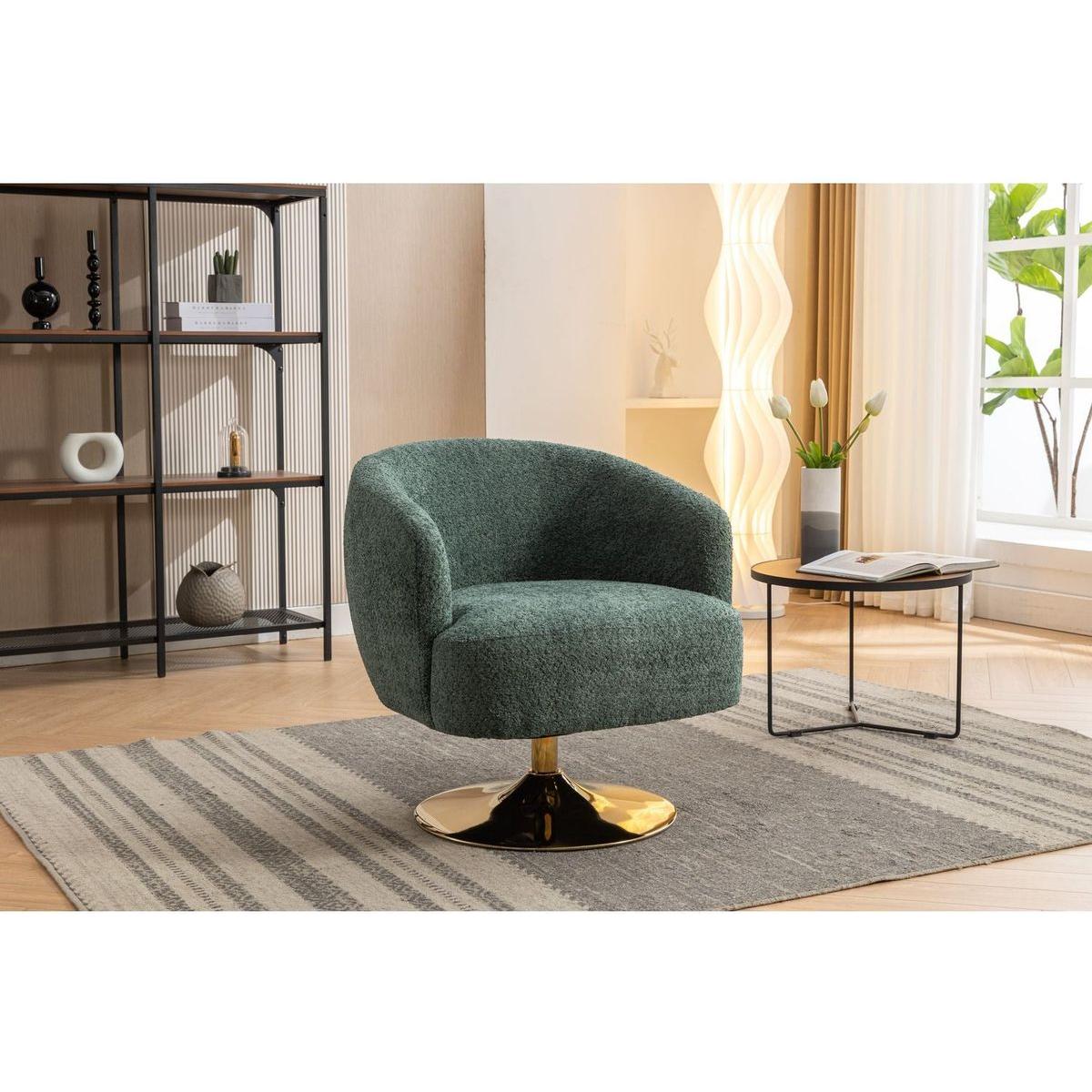 Chenille Fabric Accent Swivel Chair With Gold Metal Round Base,Green