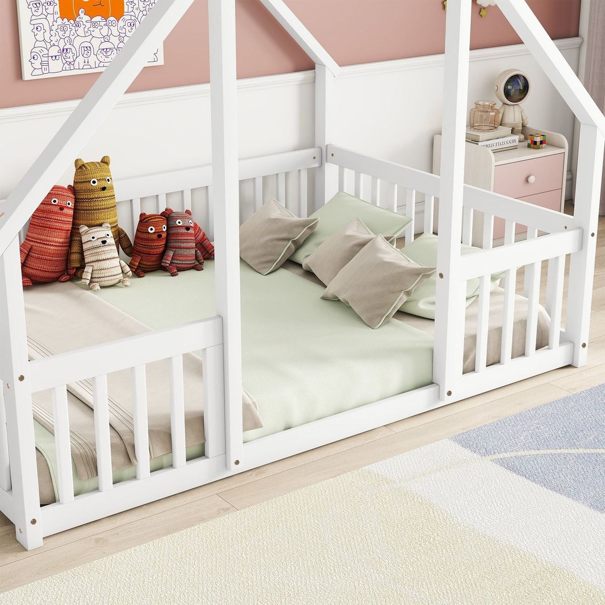 Full Wood House-Shaped Floor Bed with Fence, Guardrails,White