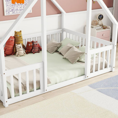 Full Wood House-Shaped Floor Bed with Fence, Guardrails,White