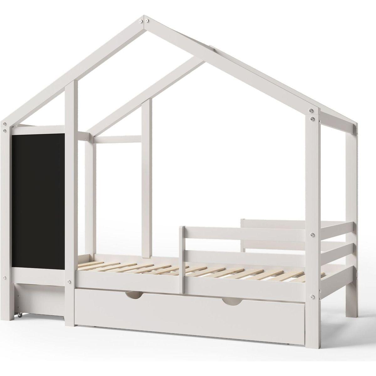 Twin House Bed with Blackboard and Drawers, Two assembly options, White