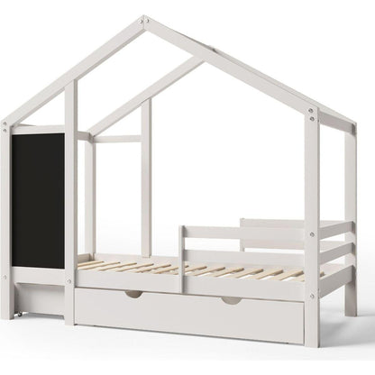 Twin House Bed with Blackboard and Drawers, Two assembly options, White