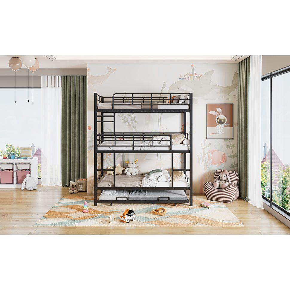 Metal Twin Size Triple Bunk Bed With Trundle, Black
