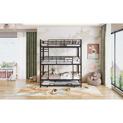 Metal Twin Size Triple Bunk Bed With Trundle, Black