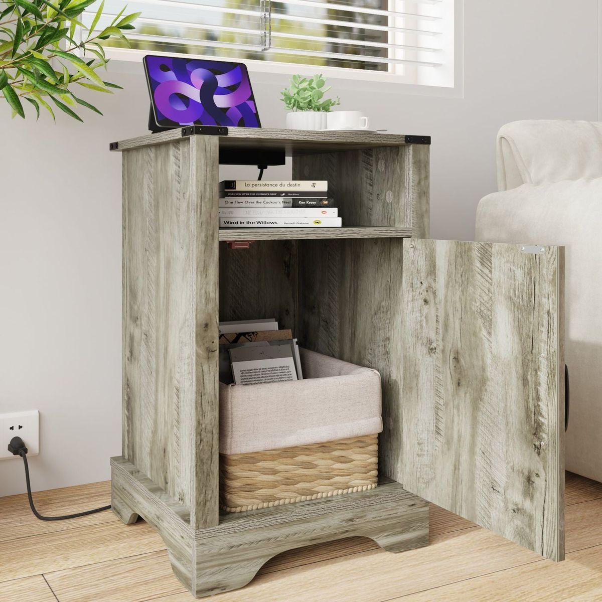 Farmhouse Nightstand Side Table, Wooden Rustic End Table, Tall Bedside Table with Electrical Outlets Charging Station - Light Grey
