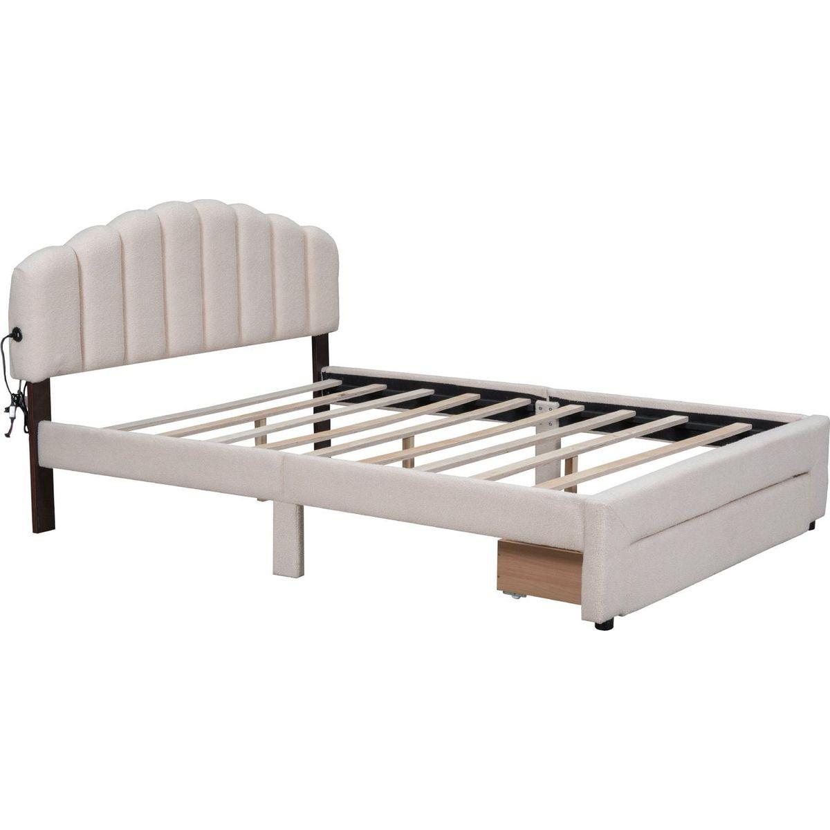 Teddy Fleece Queen Size Upholstered Platform Bed with Drawer, Beige