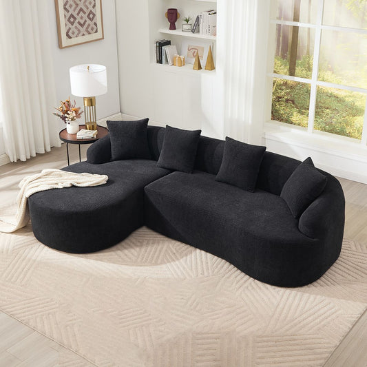 Compression L-Shape Sectional Sofa with Curved Chaise,Black Modular Chenille Boneless n Couch,30D High-Density Foam,Minimalist Modular Couches Sleeper for Living Room Bedroom Apartment Lounge.