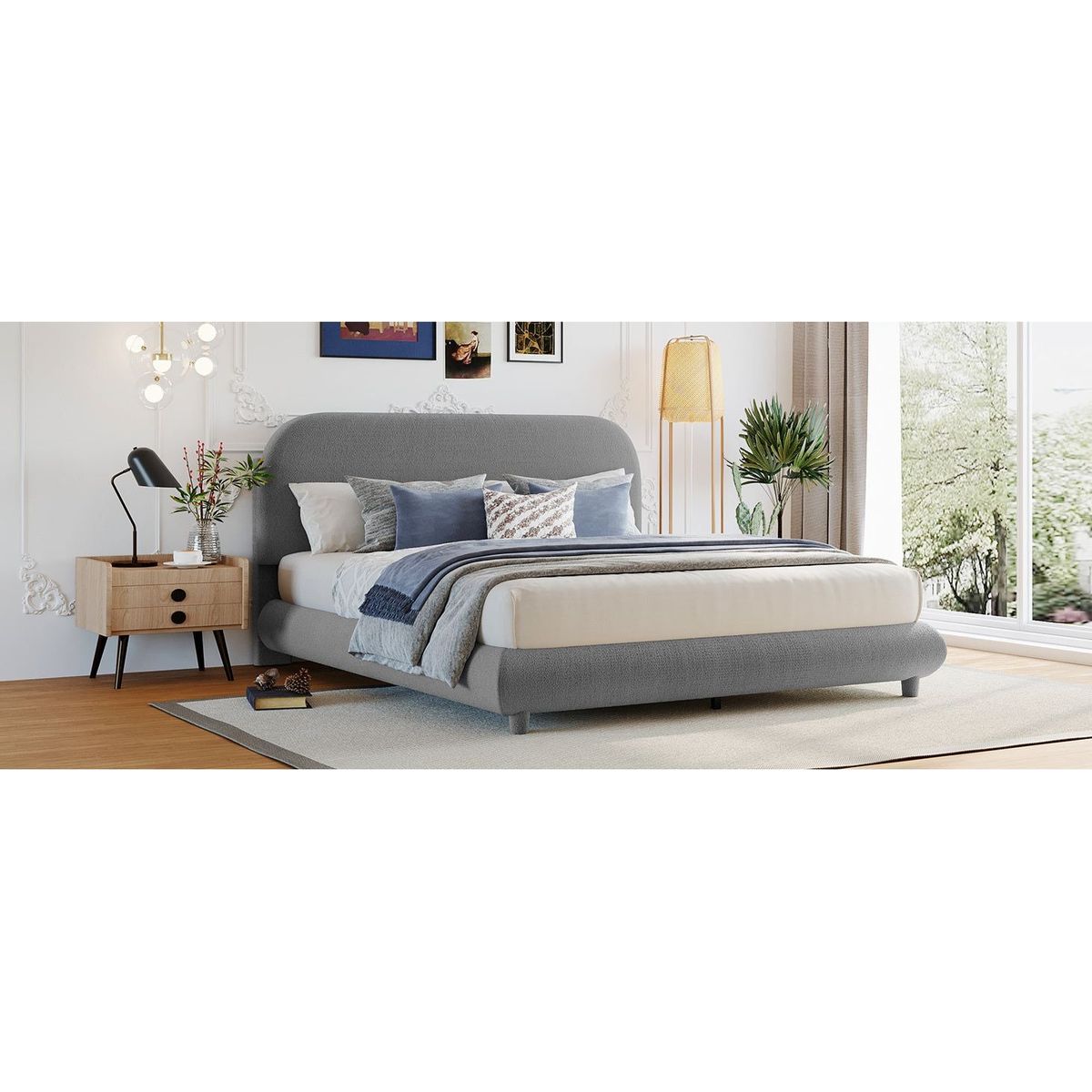 Teddy Fleece Queen Size Upholstered Platform Bed with Thick Fabric, Solid Frame and Stylish Curve-shaped Design, Gray