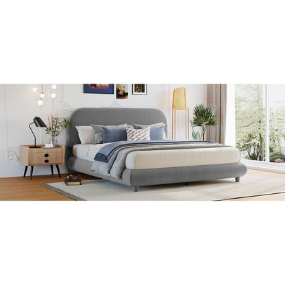 Teddy Fleece Queen Size Upholstered Platform Bed with Thick Fabric, Solid Frame and Stylish Curve-shaped Design, Gray