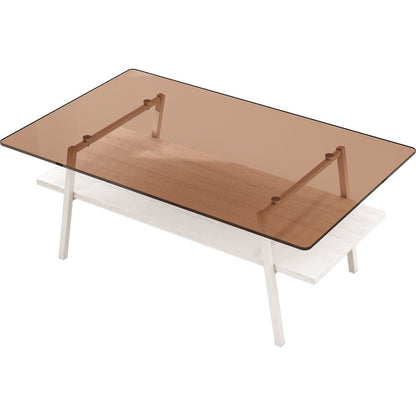 Rectangle Coffee Table, Tempered Glass Tabletop with White Metal Legs, Modern Table for Living Room, Brown Glass