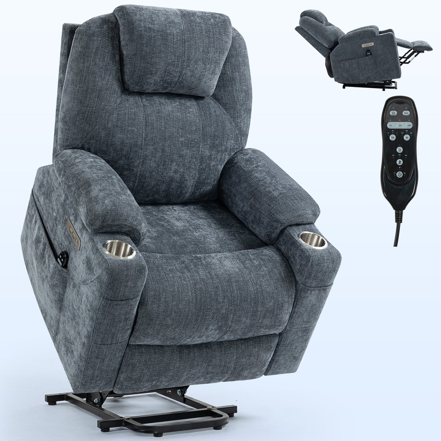 Okin motor Up to 350 LBS Chenille Power Lift Recliner Chair, Heavy Duty Motion Mechanism with 8-Point Vibration Massage and Lumbar Heating, USB and Type-C Ports, Stainless Steel Cup Holders, Blue