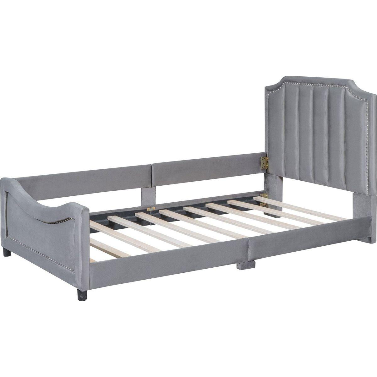 Twin Size Upholstered Daybed with Classic Stripe Shaped Headboard, Gray