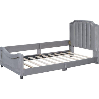Twin Size Upholstered Daybed with Classic Stripe Shaped Headboard, Gray