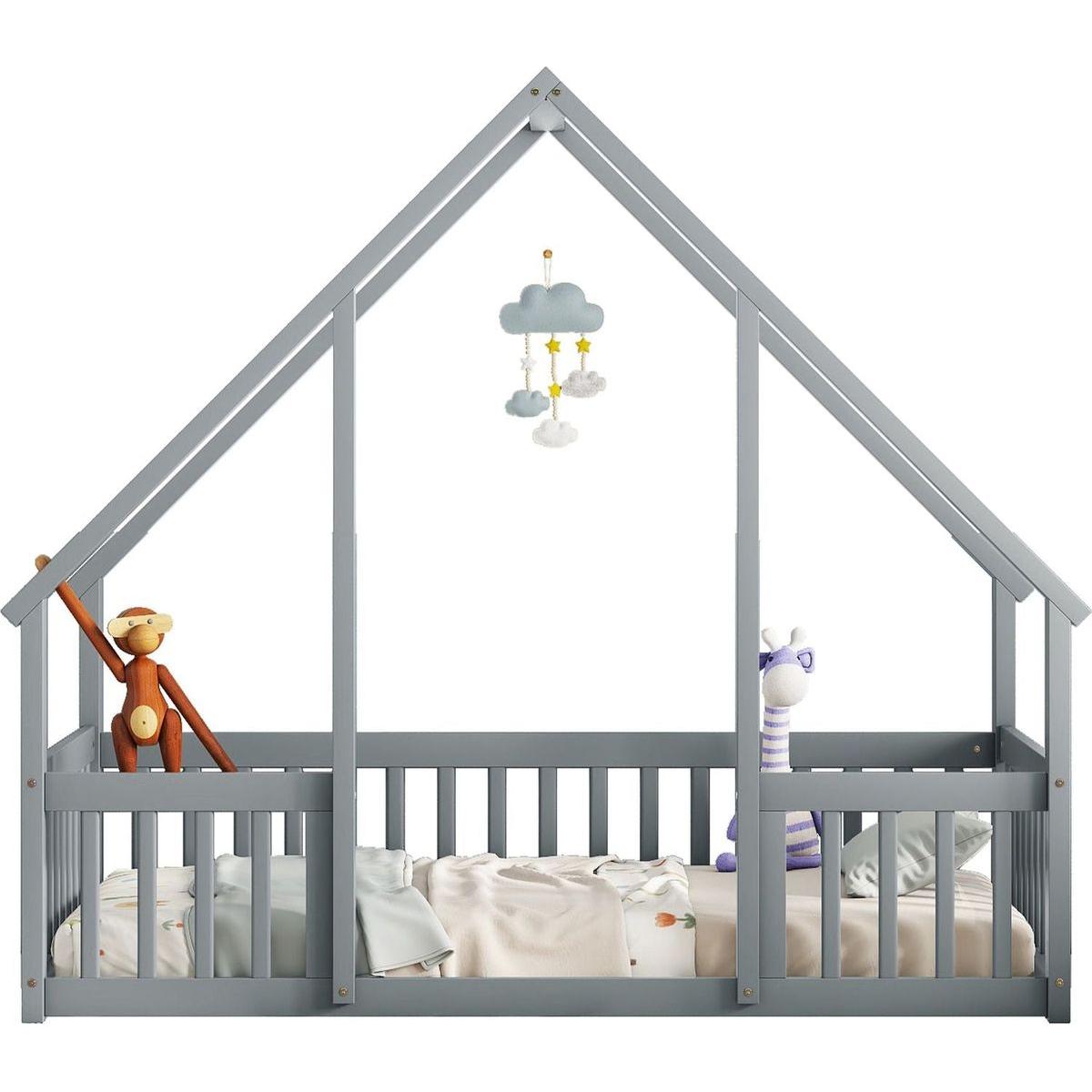 Twin Wood House-Shaped Floor Bed with Fence, Guardrails, Grey