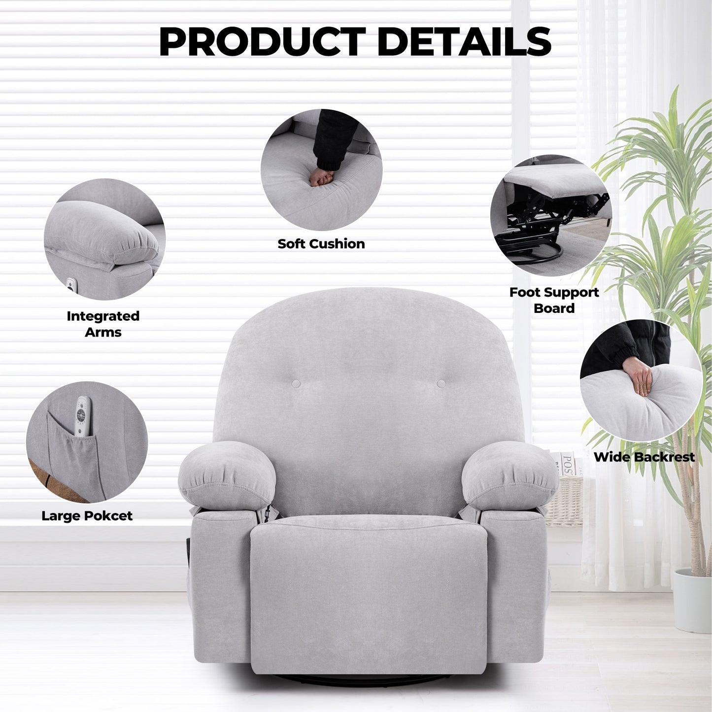 Modern Chenille Recliner Chairs Swivel Massage Rocker Recliner with Heat