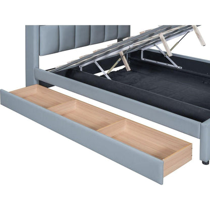 Queen Size & Twin XL Size Upholstered Platform Bed, Mother & Child Bed with Hydraulic Storage System, Drawer Box, Bedhead storage shelf and Two pairs of sockets & USB Ports, PU Leather, Gray