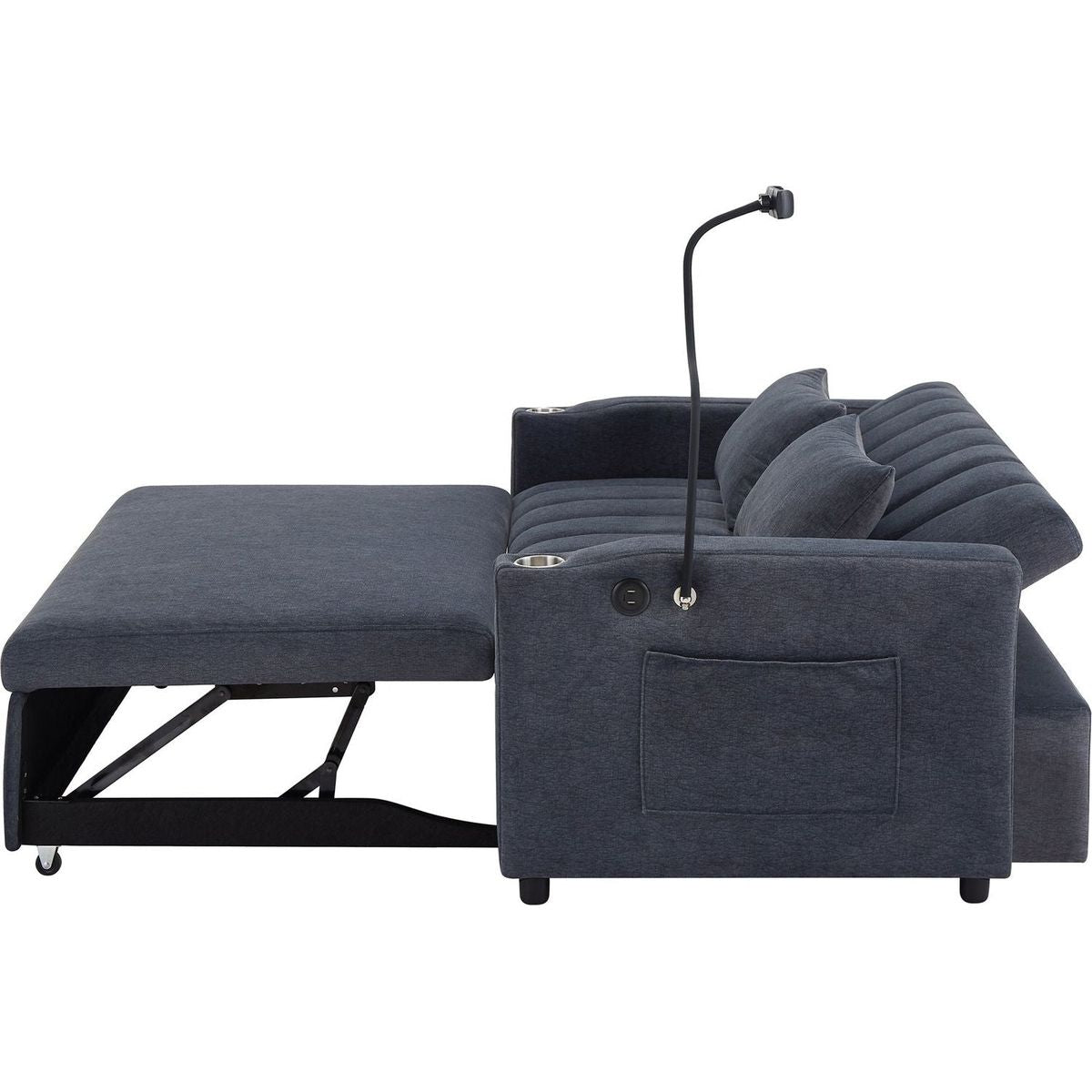 55.9" Convertible Sofa Bed Loveseat Sofa with Three USB Ports, Two Side Pockets, Two Cup Holders and 360Swivel Phone Holder for Living Room, Blue Grey