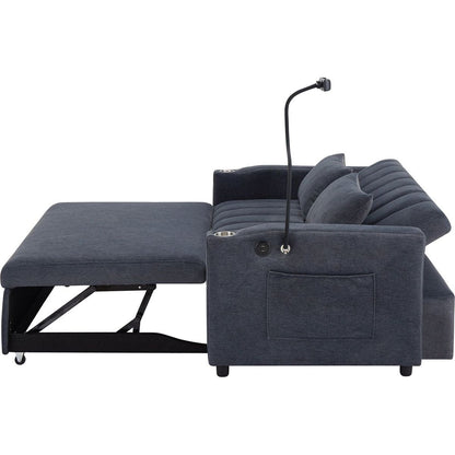 55.9" Convertible Sofa Bed Loveseat Sofa with Three USB Ports, Two Side Pockets, Two Cup Holders and 360Swivel Phone Holder for Living Room, Blue Grey
