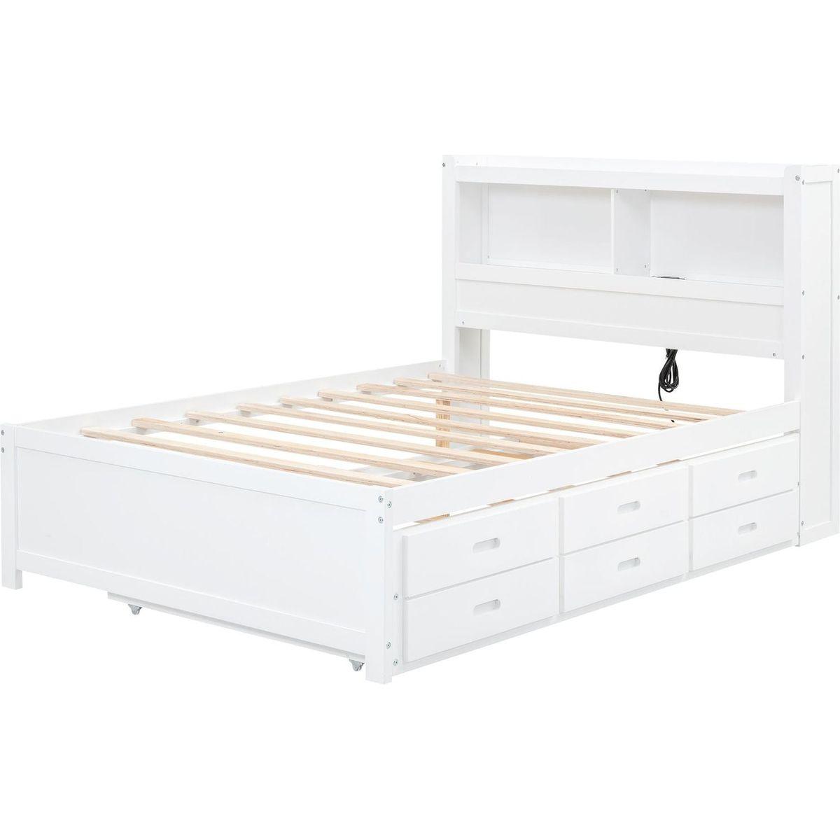 Full Size platform bed with trundle, drawers and USB plugs, White