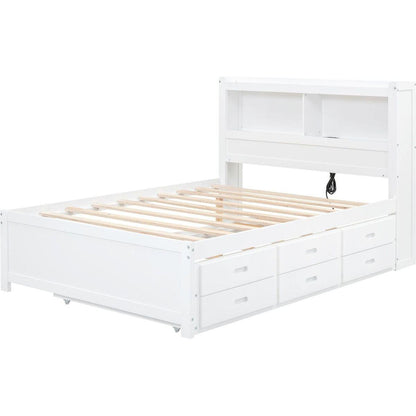 Full Size platform bed with trundle, drawers and USB plugs, White