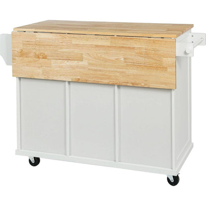 Kitchen Cart with Rubber wood Drop-Leaf Countertop, Cabinet door internal storage racks,Kitchen Island on 5 Wheels with Storage Cabinet and 3 Drawers for Dining Room,White