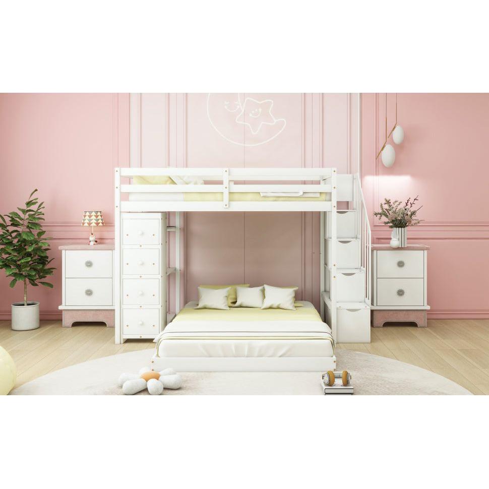 Twin Over Full Bunk Bed with 3-layer Shelves, Drawers and Storage Stairs, White