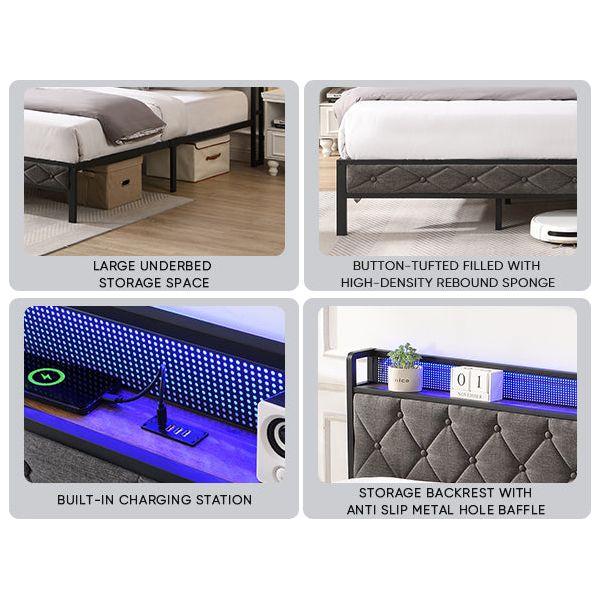 King Bed Frame with Storage Headboard, Charging Station and LED Lights, Upholstered Platform Bed with Heavy Metal Slats, No Box Spring Needed, Noise Free, Easy Assembly, Dark Gray