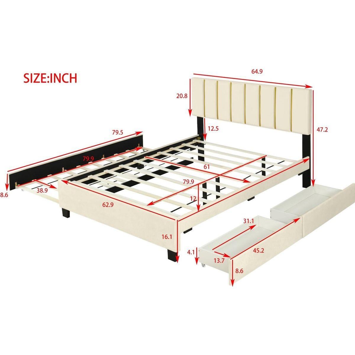 Queen Size Upholstered Platform Bed with 2 Drawers and 1 Trundle, Classic Metal Strip Headboard Design, Beige