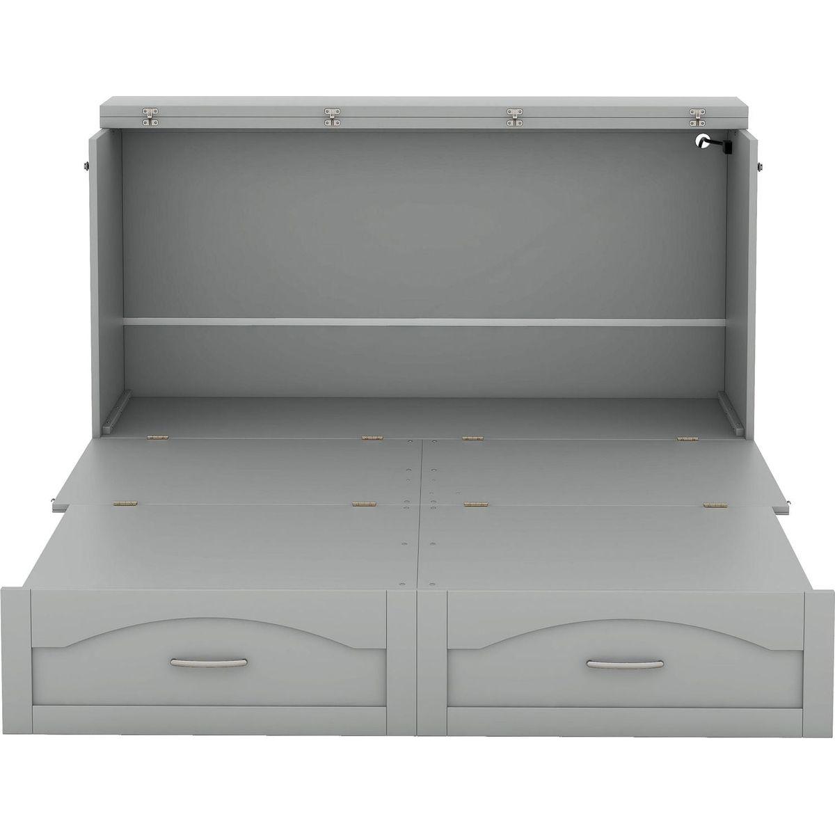 Queen Size Murphy Bed Wall Bed with drawer and a set of Sockets & USB Ports, Pulley Structure Design, Gray