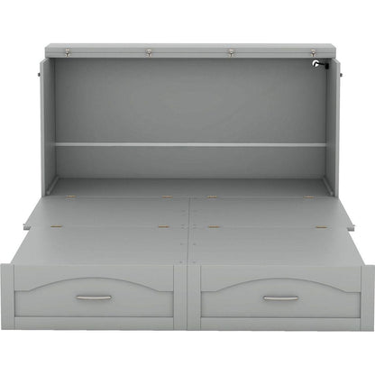 Queen Size Murphy Bed Wall Bed with drawer and a set of Sockets & USB Ports, Pulley Structure Design, Gray