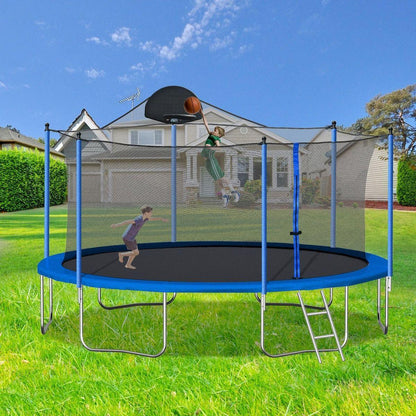 14FT Trampoline for Adults & Kids with Basketball Hoop, Outdoor Trampolines w/Ladder and Safety Enclosure Net for Kids and Adults,Double-side Color cover