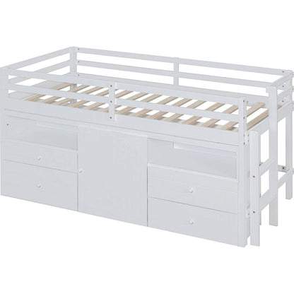 Twin Size Loft Bed with 4 Drawers, Underneath Cabinet and Shelves, White