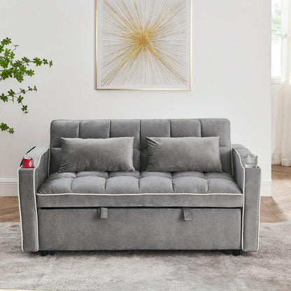 55.51 inch versatile foldable sofa bed in 3 lengths, modern sofa sofa sofa velvet pull-out bed, adjustable back and with USB port and ashtray and swivel phone stand (Grey)