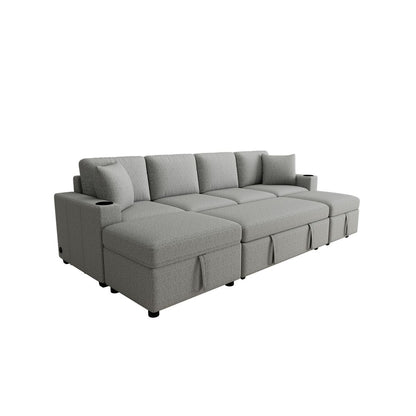109.1' Sectional Sofa Convertible Pull-out Sofa Bed with Movable Storage Ottoman, Gray Chenille Fabric