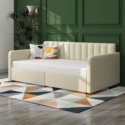 Flora Upholstered Daybed with 2 Drawers, Twin, Ivory Velvet, Ribbed Tufted Backrest, Daybed in Lavish Modern Design