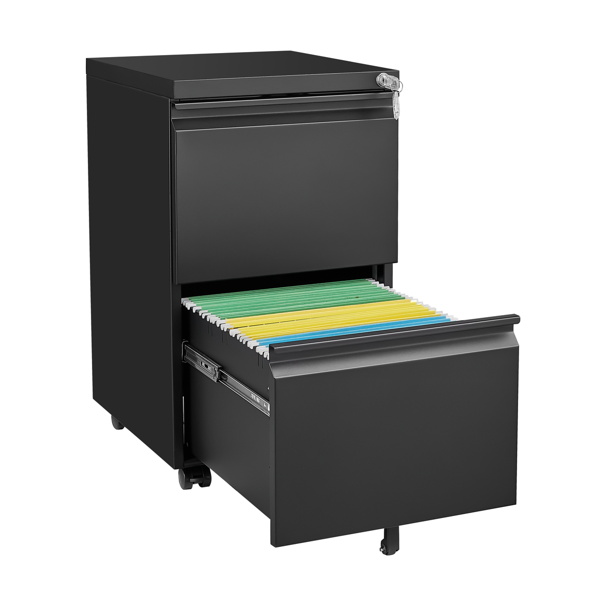 2 Drawer File Cabinet with Lock, Metal Under Desk Rolling Filing Cabinet fits Letter/Legal/A4 Size for Home Office, Mobile Filing Cabinet, Assemble Required, Black