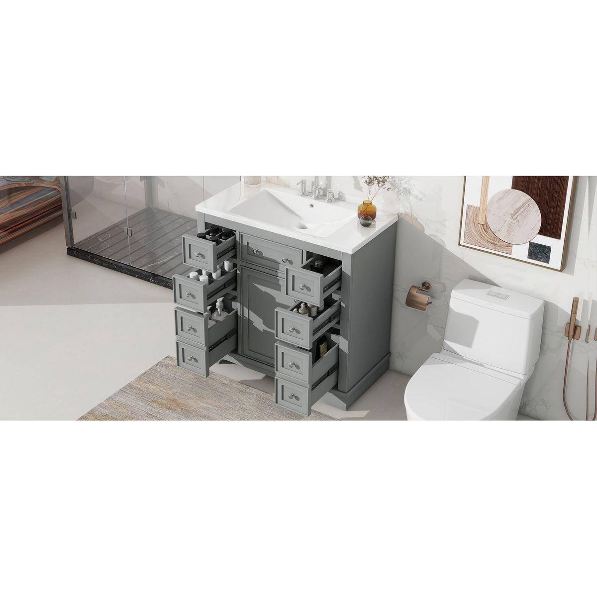 36" Bathroom Vanity with Sink Combo, One Cabinet and Six Drawers, Solid Wood and MDF Board, Grey