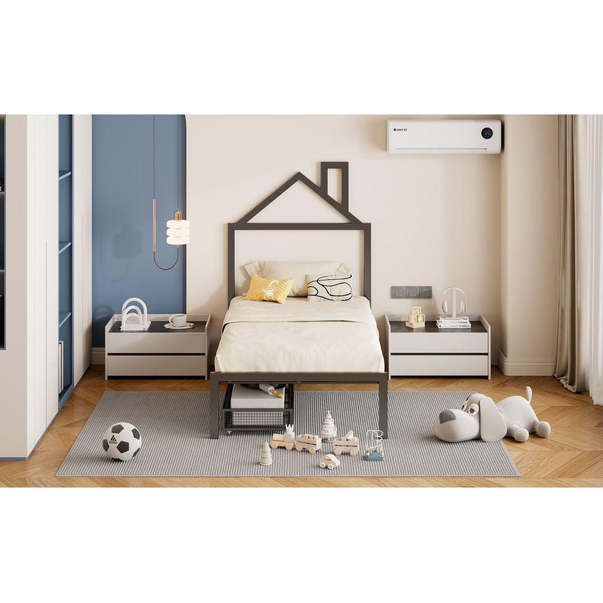 Twin Size Metal Platform Bed with two drawers,House-Shaped Headboard Design, Black