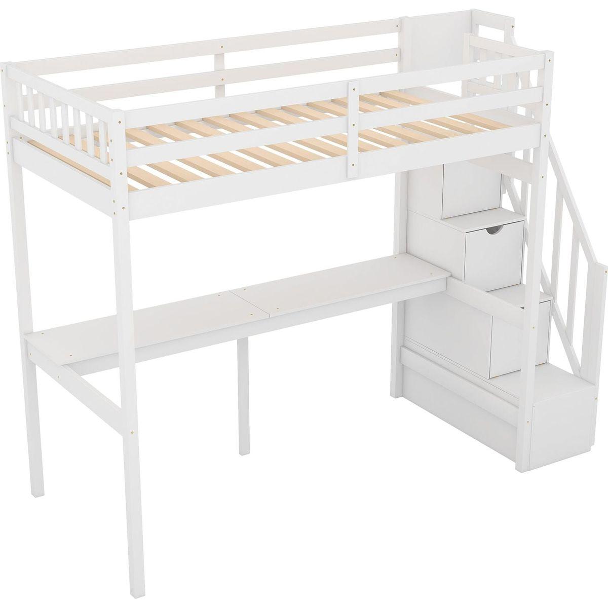 Twin Size Loft Bed with Storage Staircase and Built-in Desk, White