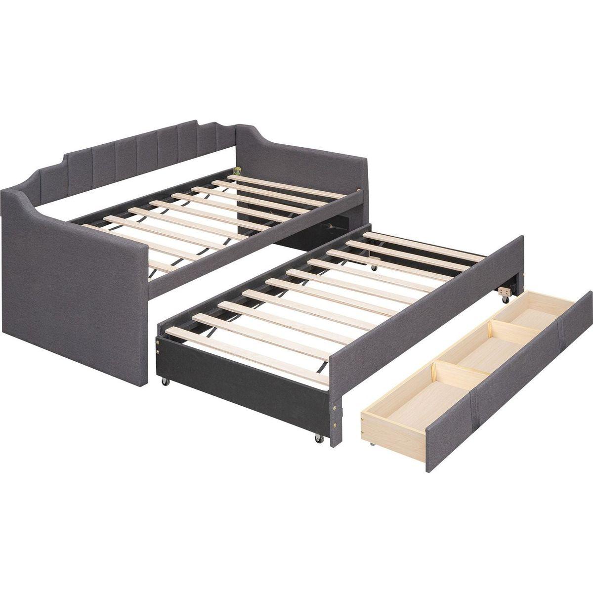 Twin Size Upholstered Daybed with Trundle and Three Drawers,Grey