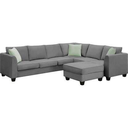 112x87" Sectional Sofa Couches Living Room Sets, 7 Seats Modular Sectional Sofa with Ottoman, L Shape Fabric Sofa Corner Couch Set with 3 Pillows, Grey(New of GS008210AAG)