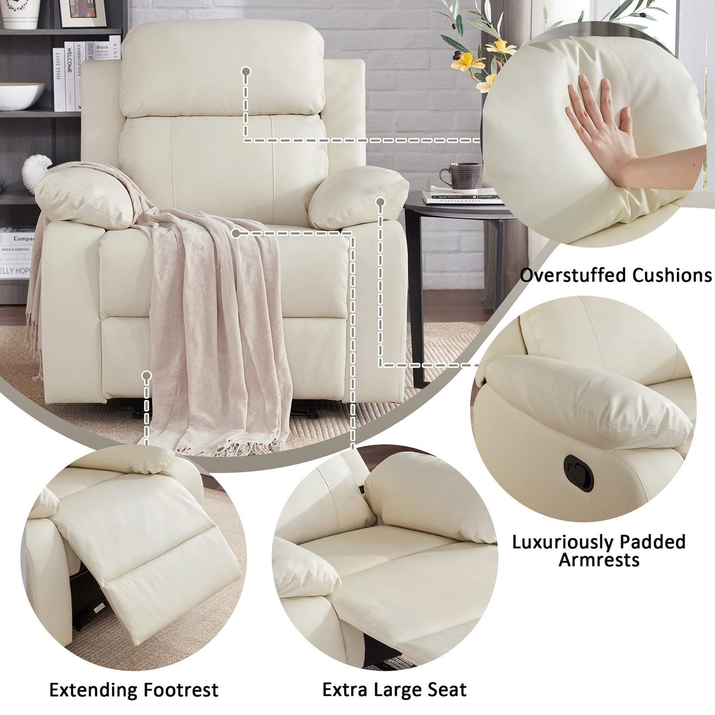 Recliner Chair Leather Manual Single Sofa, Living Room Chair Home Theater Lounge Seat, 36×39×40 inch, Beige