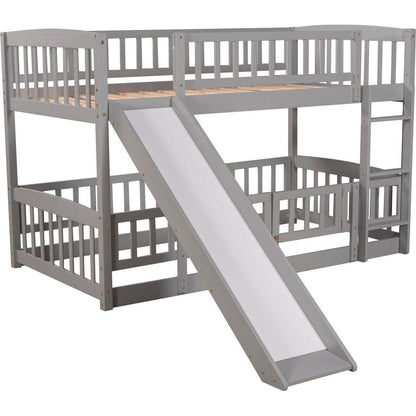 Bunk Bed with Slide,Twin Over Twin Low Bunk Bed with Fence and Ladder for Toddler Kids Teens Grey