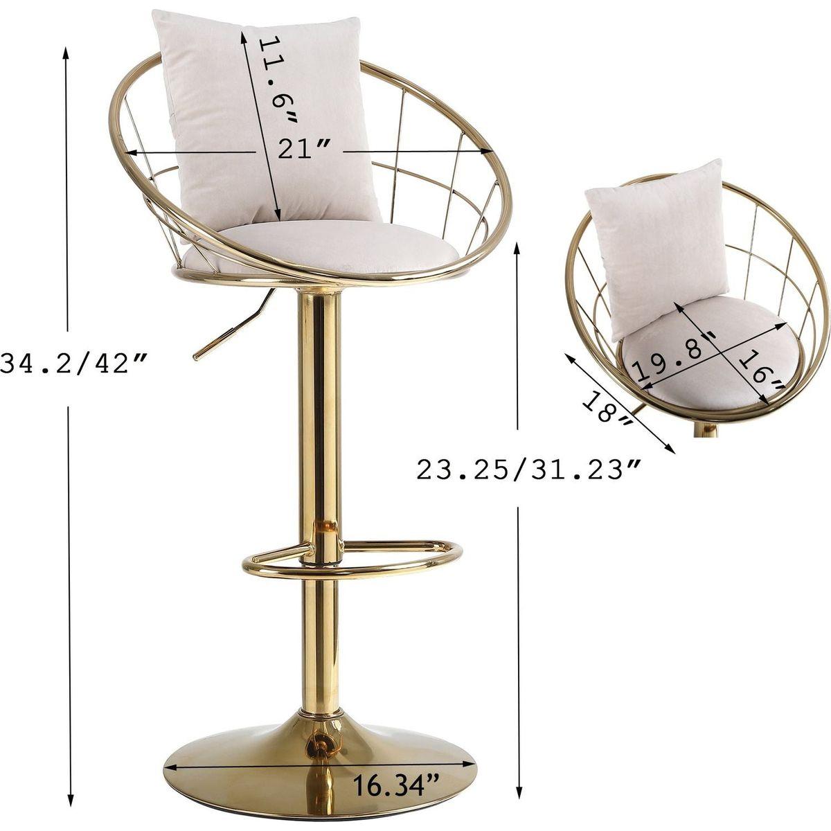 Off-White velvet bar chair, pure gold plated, unique design,360 degree rotation, adjustable height,Suitable for Dining room and bar,set of 2