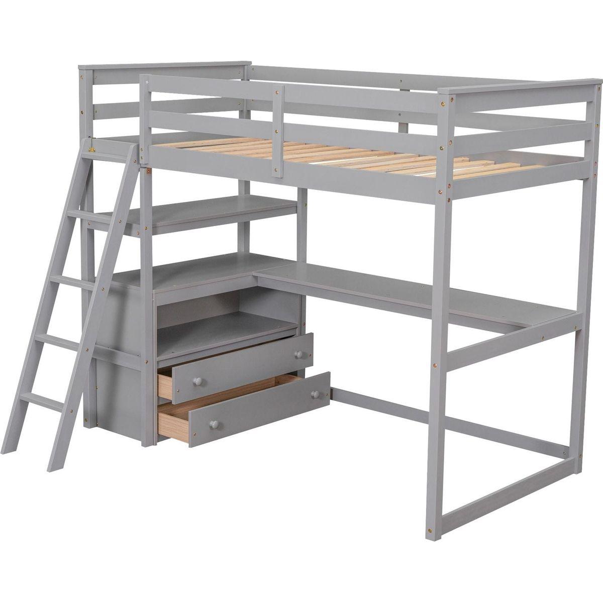 Twin Size Loft Bed with Desk and Shelves, Two Built-in Drawers, Gray