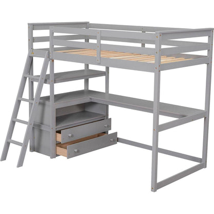 Twin Size Loft Bed with Desk and Shelves, Two Built-in Drawers, Gray
