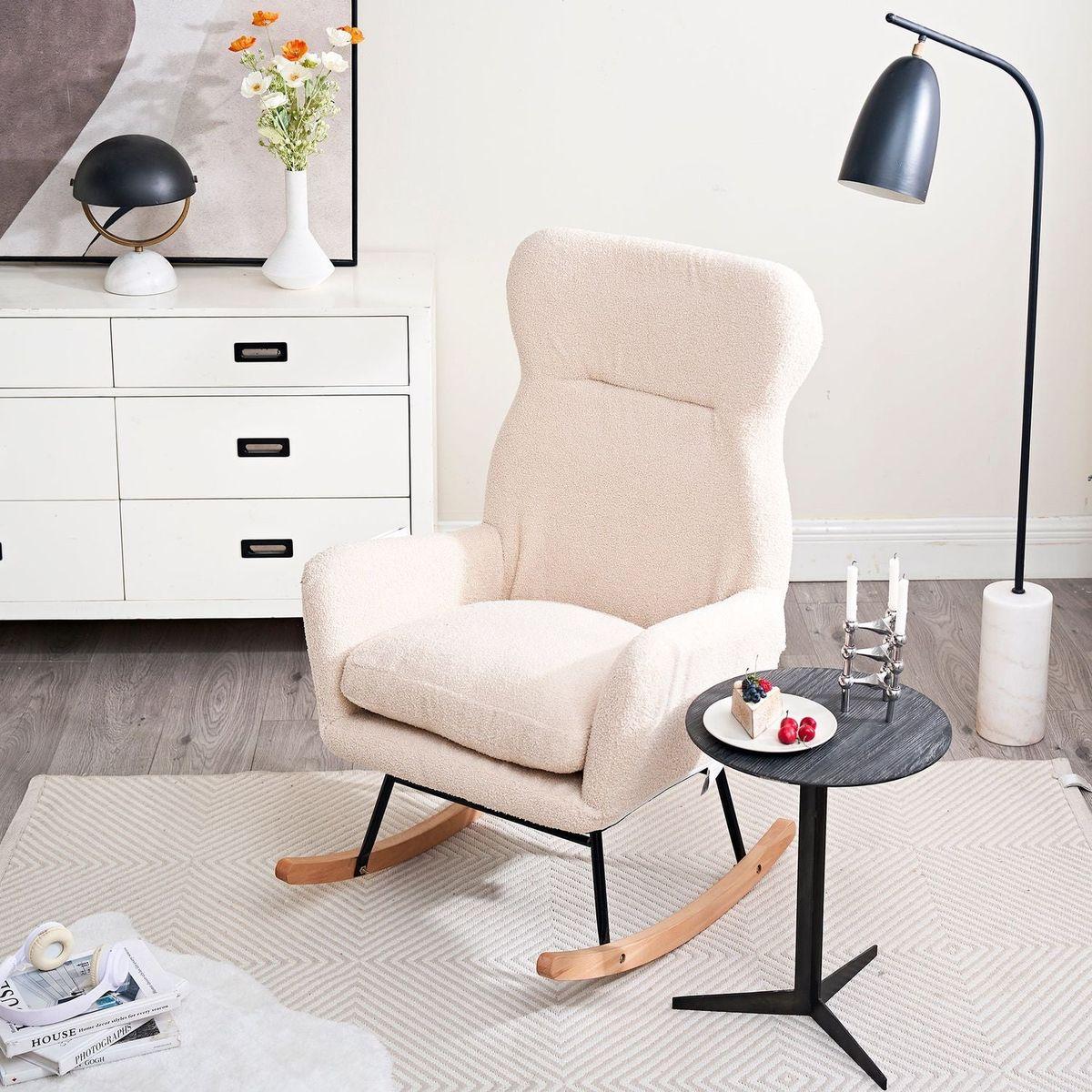 Modern Rocking Chair with High Backrest,Teddy Material Comfort Arm Rocker, Lounge Armchair for Living Room